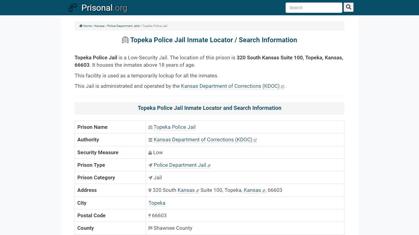 Topeka Police Jail-Inmate Locator/Search Info, Phone, Fax ...
